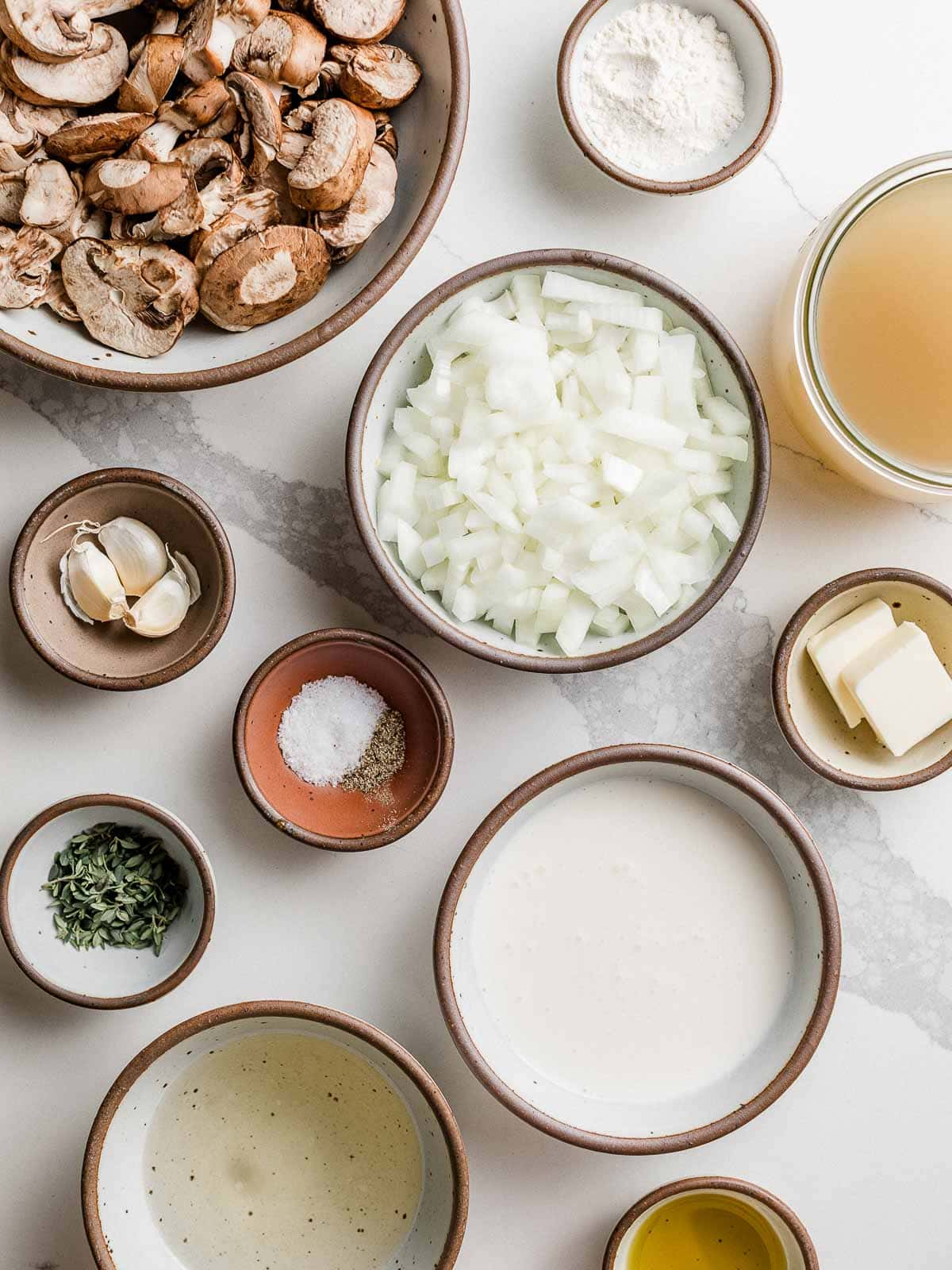 Mushroom soup ingredients on a table.