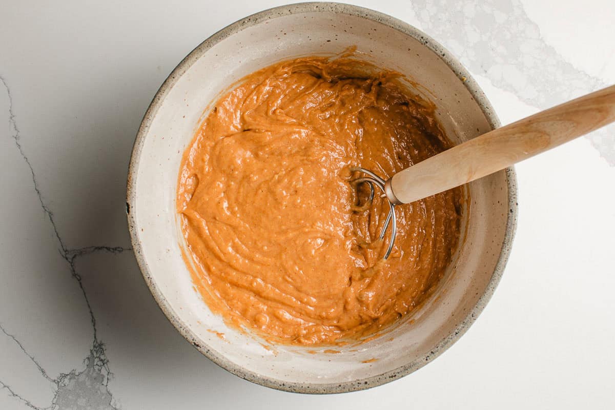 Sourdough pumpkin coffee cake batter in a bowl