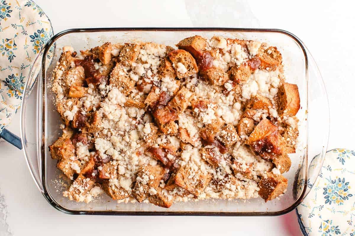 Baked sourdough french toast casserole on a table.