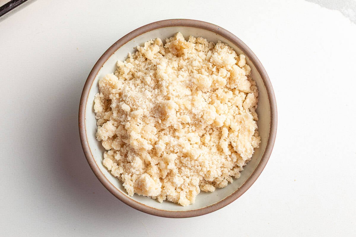 Crumble topping for sourdough french toast casserole in a bowl.