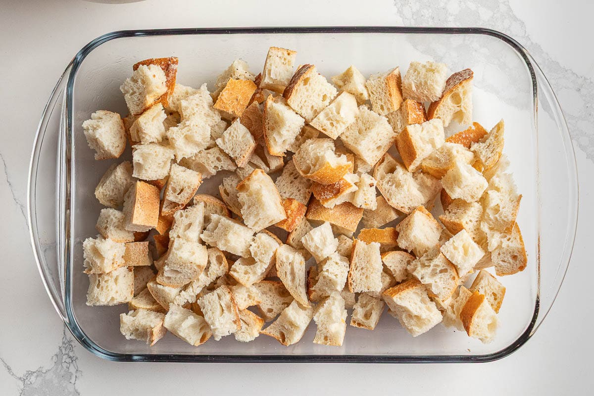 Sourdough cubes in a casserole dish