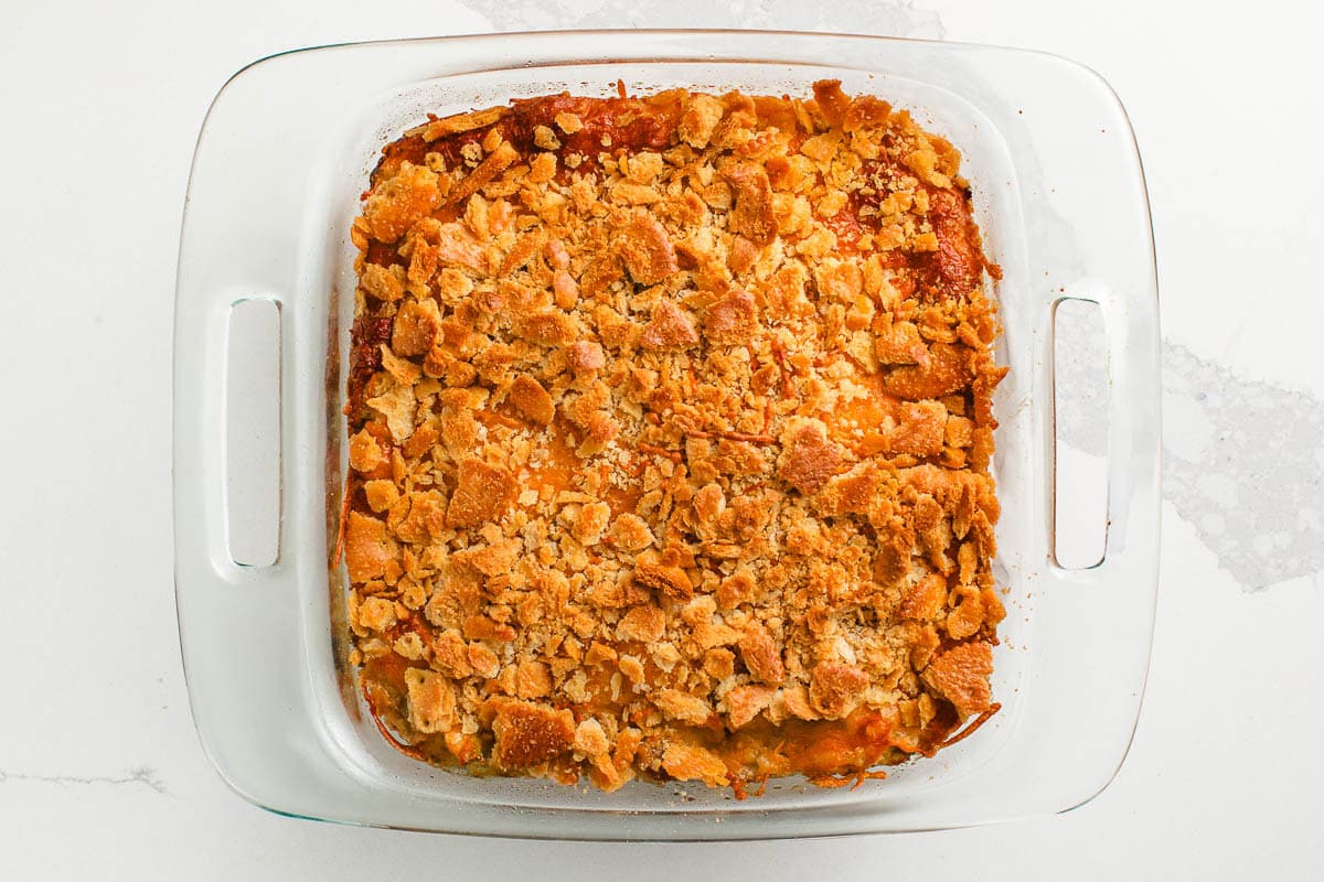 Baked broccoli rice casserole on a table.