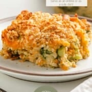 A serving of broccoli rice casserole on a plate.