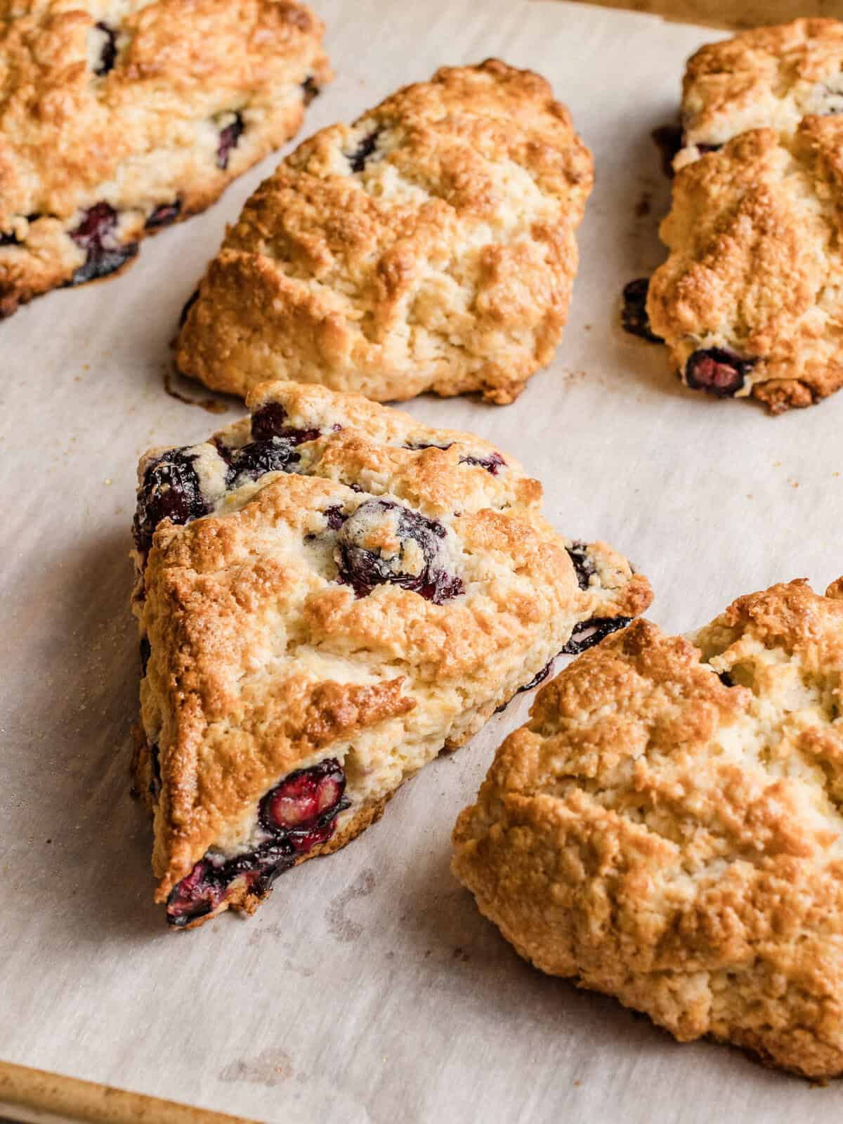 Five Sourdough lemon blueberry scones on a baking sheet.