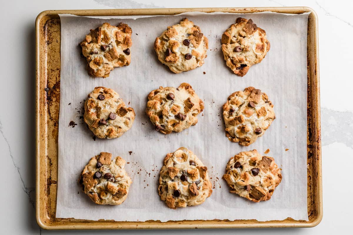 Sourdough smores cookies baked on a baking sheet.