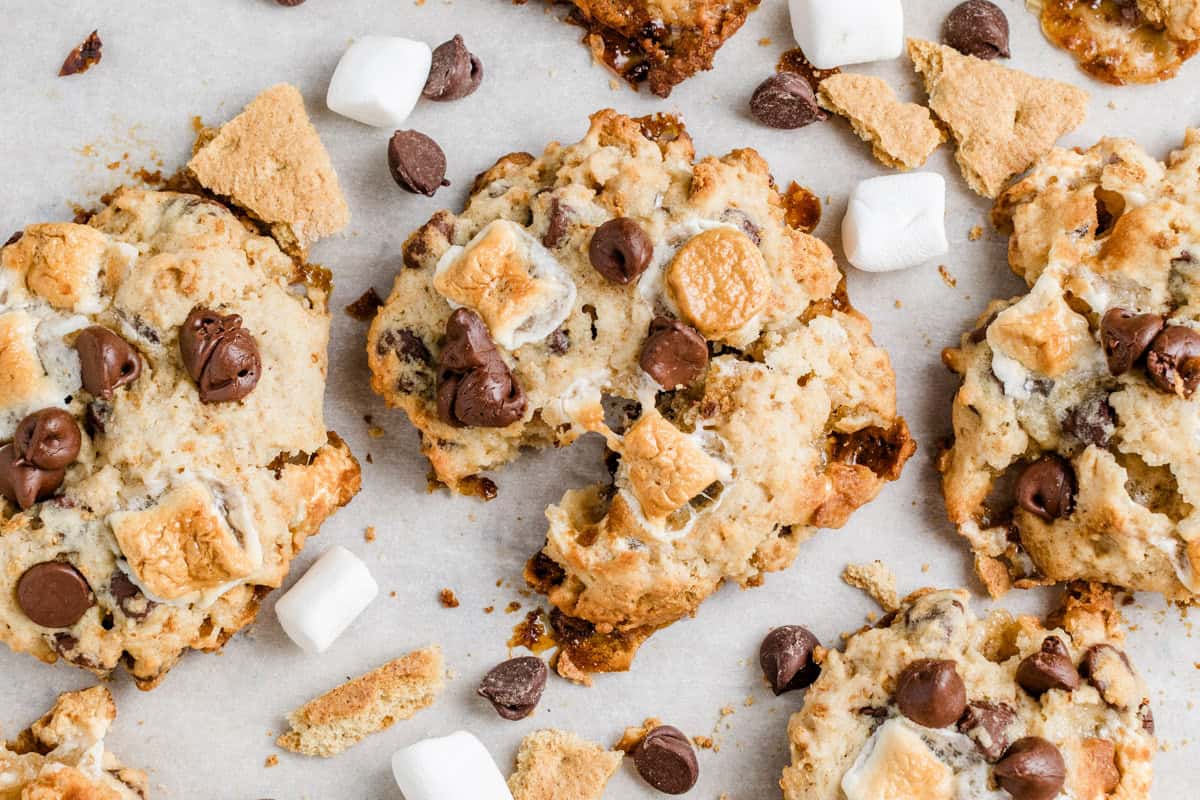 Sourdough smores cookies on parchment paper.