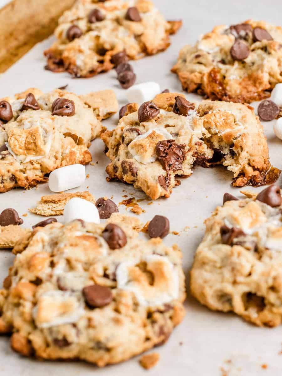 Sourdough smores cookies with a bite taken out of one.